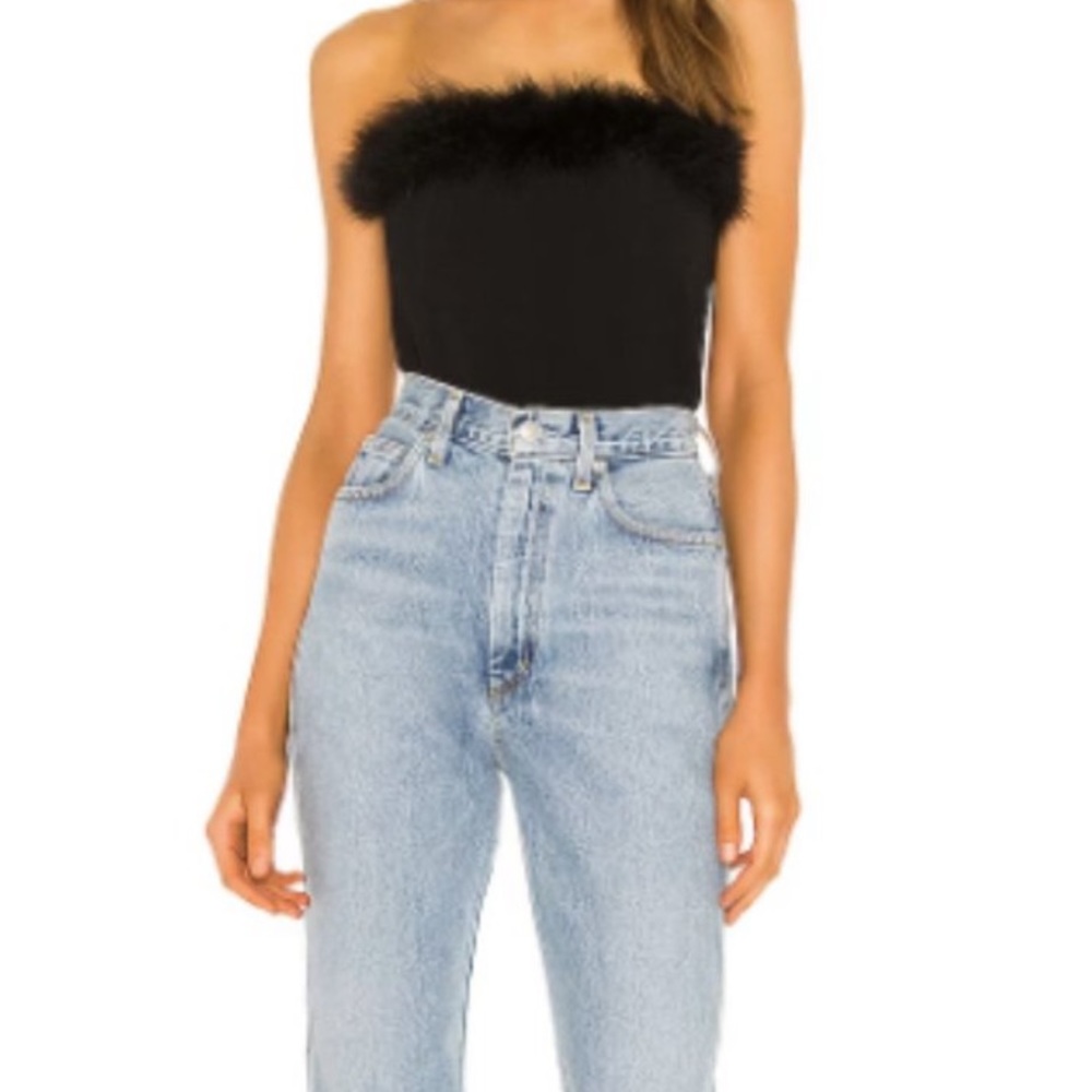 NWT Flynn Skye Cole Faux-Feather-Trimmed Strapless Top